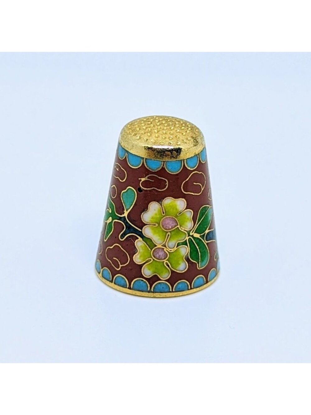 Vintage Cloisonne Enamel Flower Thimble Gold Tone Sewing Embroidery